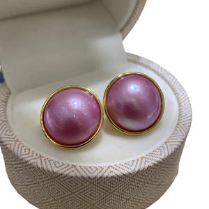 Boucles d'oreilles clous Red Bean Fashion en argent S925 avec perle Mabe rose 17 mm, sertissage clos plaqué or, bijoux classiques pour femme - Product Image 5