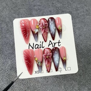 251-255 <span class=keywords><strong>Uñas</strong></span> Postizas Hechas a Mano, Diseño Floral 3D de Flores de Verano, Estilo Francés, Media Cobertura, <span class=keywords><strong>Uñas</strong></span> de Presión - Product Image 2
