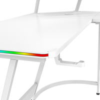 Bureau de jeu moderne blanc avec porte-gobelet multifonctionnel, support pour casque, éclairage RGB durable à commande tactile, bureau de course