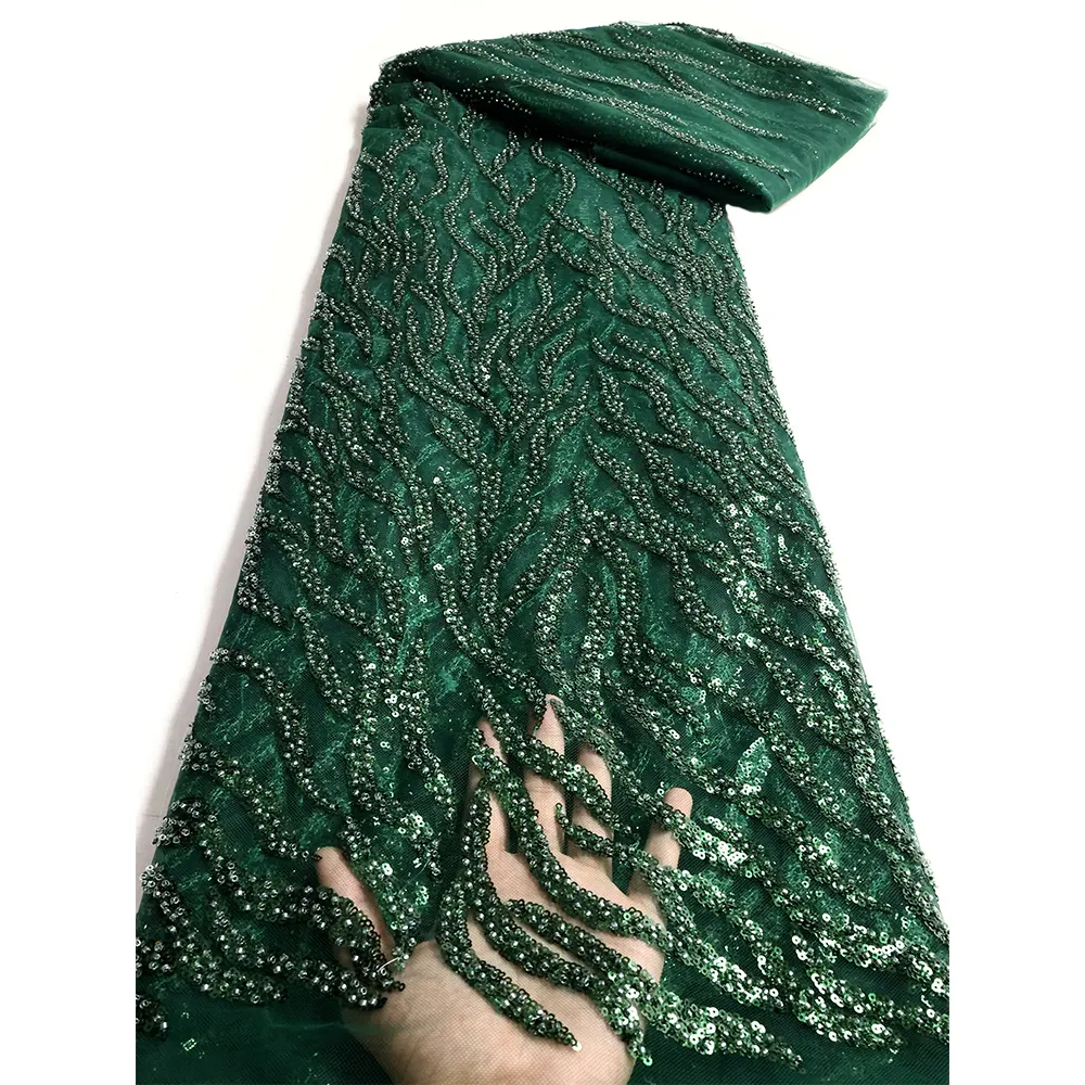 NI.AI Dentelle de mariée perlée brodée Tissu de dentelle vert foncé avec perles Dentelle de tulle français pour robe de femme
