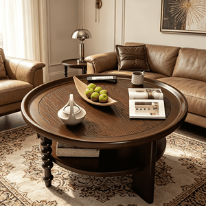 Vintage Round 2-Tier Wooden Coffee <b>Table</b>, <b>Walnut</b> Finish with Spindle Legs for Living Room - Product Image 1