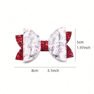 <b>Red</b> Children's All-in-One Fabric Hair Clip Christmas Glitter <b>Bow</b> Hairpin Little Girl's PU Leather Printed Cute Cartoon for Party - Product Image 3