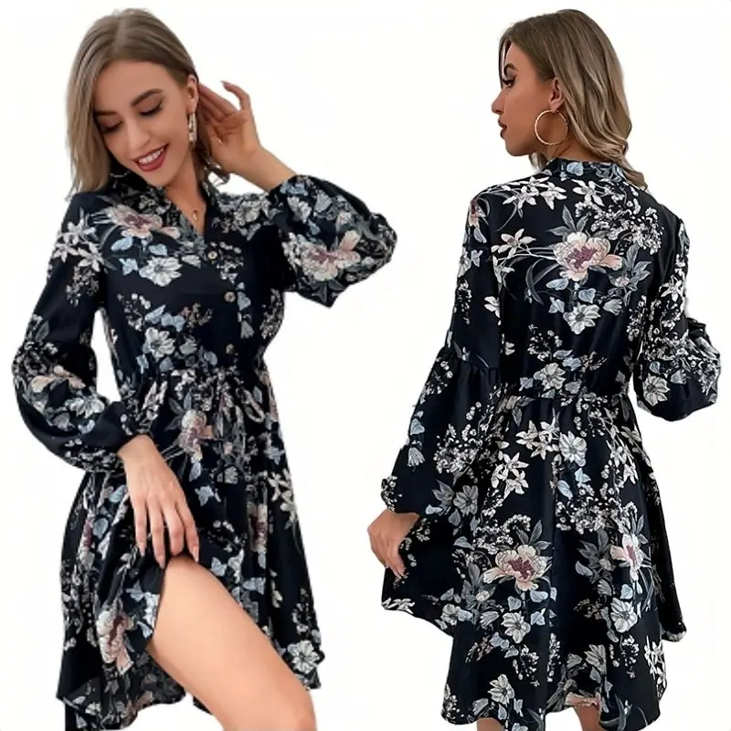 새로운 우아한 꽃 프린트 드레스 봄 가을 블랙 빈티지 드레스 긴 소매 v 넥 레이스 여성 a 라인 드레스