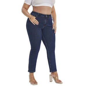 Pantalon en jean bleu foncé à jambe droite et extensible pour femmes grandes tailles, livraison gratuite aux États-Unis, jean décontracté pour femmes - Product Image 2