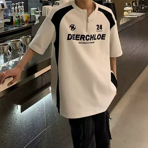 Black White Color Block Jersey Style T-Shirt Men's Outfit Half Zip Motorcycle <b>Short</b> <b>Sleeve</b> Summer Trendy Couple <b>Sweatshirt</b> - Product Image 4