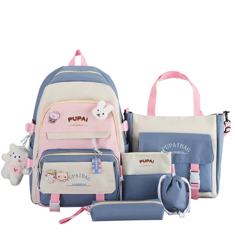 5 Pcs/set Bear Canvas Cute School Bag Student Larger Capacity Women School Backpacks For Teenagers Girls