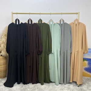 6738# New Basic Closed Abaya Crew Neck Wrinkle Crepe Fabric Muslim Women <b>Maxi</b> Dresses With Elasticated Balloon Sleeves 6 Colors - Product Image 6