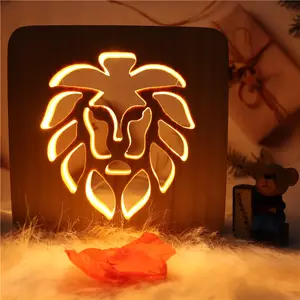 家庭卧室装饰婴儿睡眠DIY定制动物图案3D雕刻木制毛坯灯Led狮子夜灯