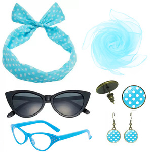 Accessoires de costume <span class=keywords><strong>pour</strong></span> femmes des années 1950 - Écharpe en mousseline des années 50, Lunettes œil-de-chat, Bandeau foulard, Boucles d'oreilles à pois - Product Image 6