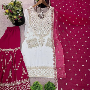 Elégant Travail de Broderie Lourde Manches Longues 5mm Séquence Micro Coton Plazzo Dupatta Top pour Fête Faux Georgette Salwar Kameez - Product Image 1