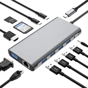 12-portas USB-C Hub Docking Station Laptop com 3,5mm de áudio USB3.0 USB-C PD HDMII 4K VGA RJ45 SD Converter TF Card Reader