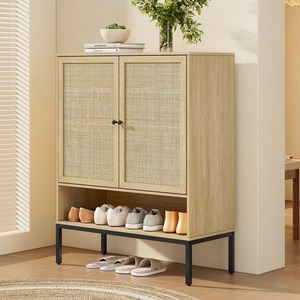 Armoire à chaussures moderne autoportante au design épuré avec portes en rotin, capacité de 18 paires, finition noire élégante - Product Image 6