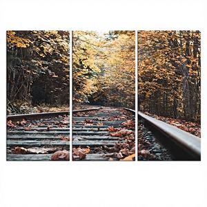 Tableau sur toile Art Déco sur le thème des rails de train d'automne, impression murale paysagère, lot de 3 toiles - Product Image 1