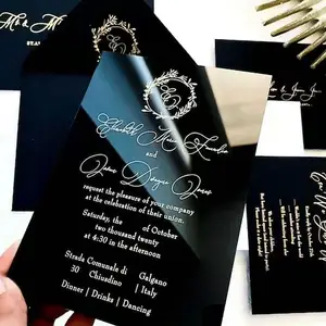 Carte d'invitation de luxe personnalisée avec enveloppe sceau de cire auto-scellant finition miroir cartes de vœux de mariage en acrylique faire-part