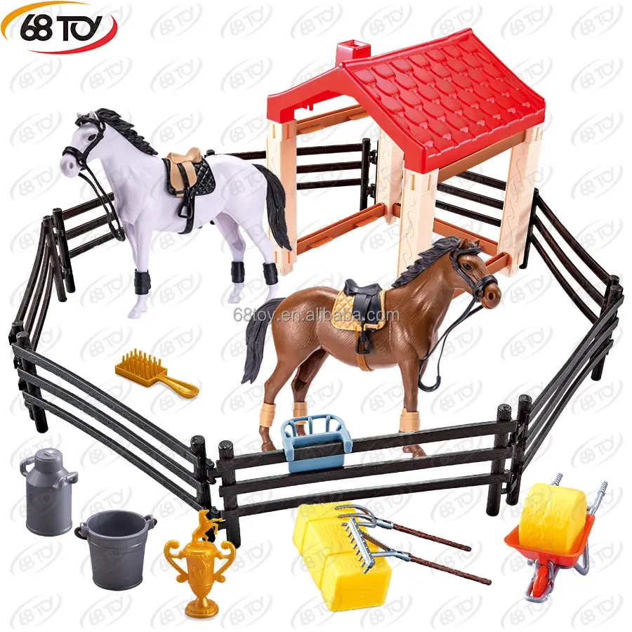 simulated horse Ranch Figurines Set with tools,fence,hay grass,Horses With Farmer Trolley Animal Figures Model
