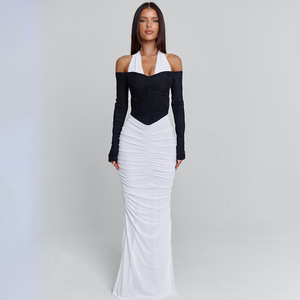 ชุดราตรีคอเชือกผูกคอสีตัดต่อ ทรงยาว เปิดหลัง กระชับเอว ชุดออกงานสำหรับผู้หญิง - Product Image 4