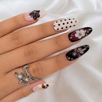 Ongles à presser personnalisés en ABS bordeaux, forme amande, motif floral 3D, pois, noir, beige, gel brillant, vente en gros OEM
