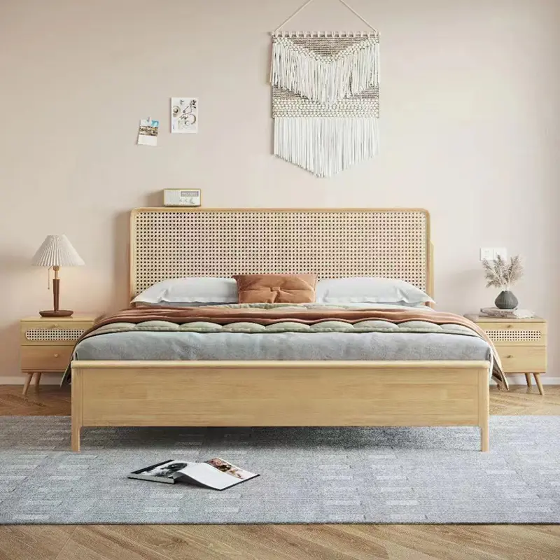 2023 yeni endonezya Rattan Nordic katı ahşap yatak Modern Minimalist 1.8m 1.5m çift Retro japon tarzı king-size yatak