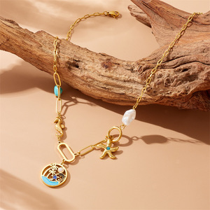 Fashionable Turquoise Beaded Double Layer Chain Stainless Steel Marine Life Pendant Necklace <b>Bracelet</b> <b>Set</b> Women's Party Jewelry - Product Image 2
