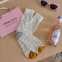 Chaussettes mi-mollet pour femme, fines, en coton et maille respirante, style coréen, à blocs de couleur contrastants, ajourées et froncées, pour l'été, vendues à l'unité