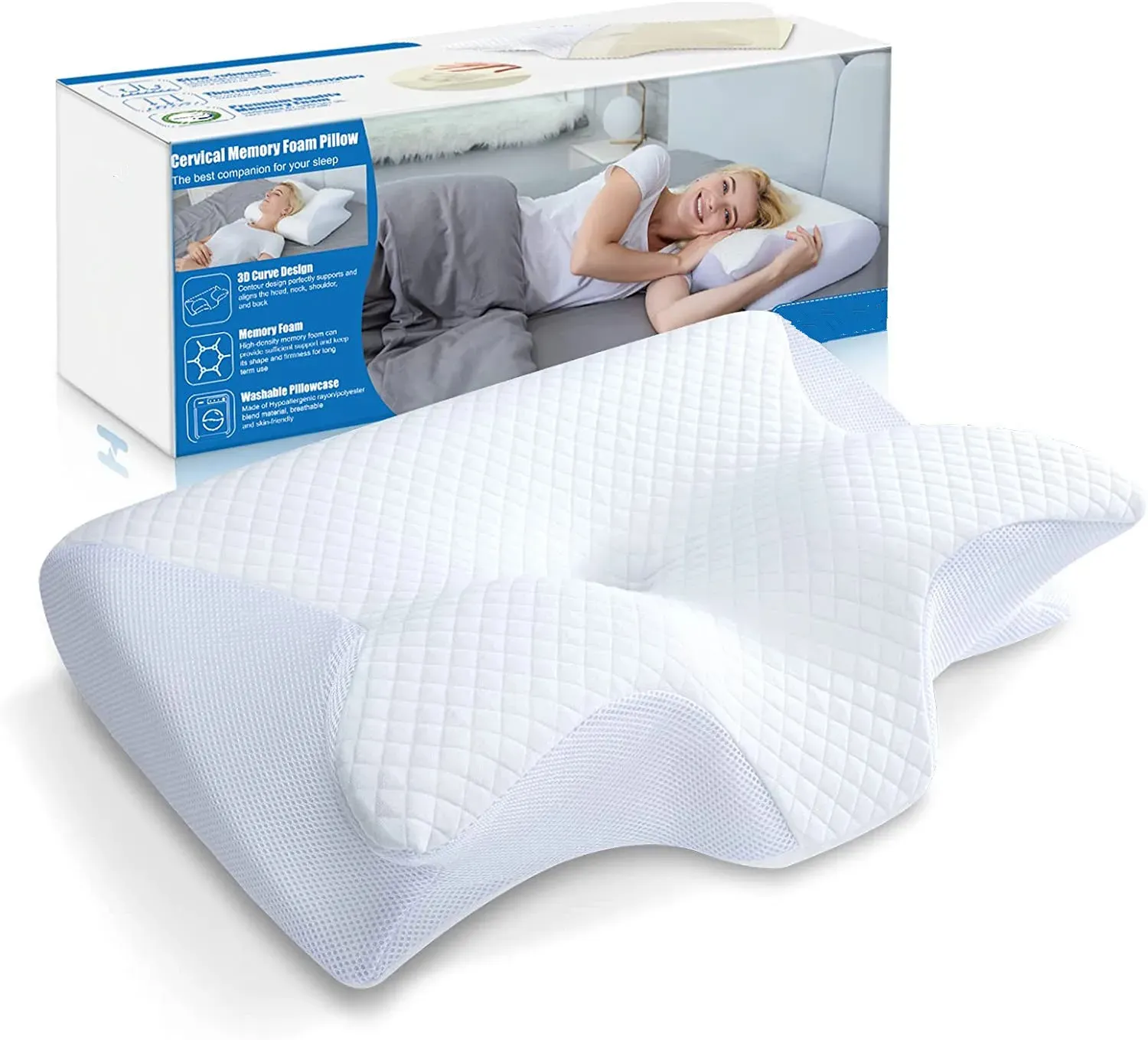 Almohada de contorno de espuma viscoelástica, almohada ortopédica ergonómica para dolor de cuello y hombro, almohada de soporte contorneada para dormir en el estómago