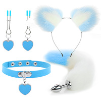 Lot de 4 plugs anaux queue de renard en gros, kit de jeu de rôle BDSM pour adultes avec bandeau oreilles de renard, collier et pinces à tétons