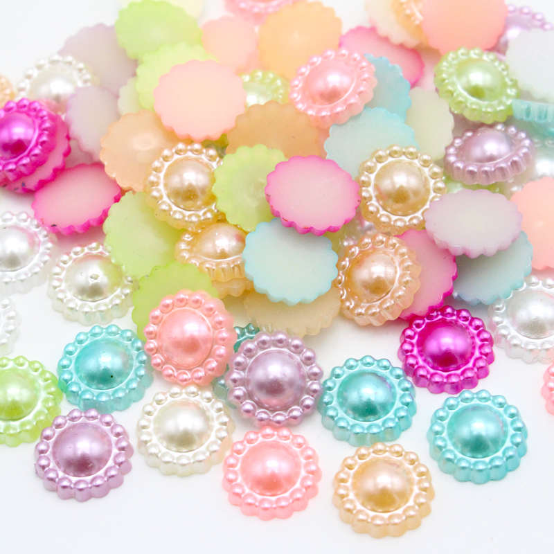 50pcs/Bag 12mm Flower Imitation Pearls Flatback beads Resin For Scrapbook Decoration DIY Phone Art Crafts