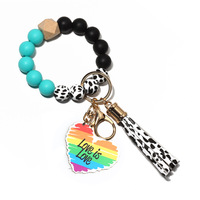 Bracelet porte-clés léopard par sublimation, personnalisable par transfert thermique, avec perles noires et roses et décoration cœur en acrylique