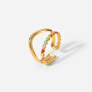 Cheap Stainless Steel 18k Gold Plated Enamel Colorful dripping oil twist double-layer opening ring