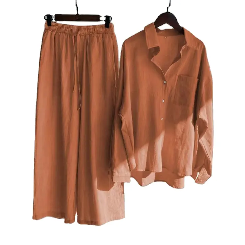 17 pilihan warna pakaian santai liburan Linen 2 potong Set Vintage Kasual Wanita Atasan kemeja dan celana lembut pakaian jalan Set wanita