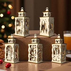 Laser Cut Free Sample Wooden Christmas Lantern Decorations LED Light <b>Box</b> Winter Scene Tabletop Ornament Holiday Festival Decor - Product Image 1