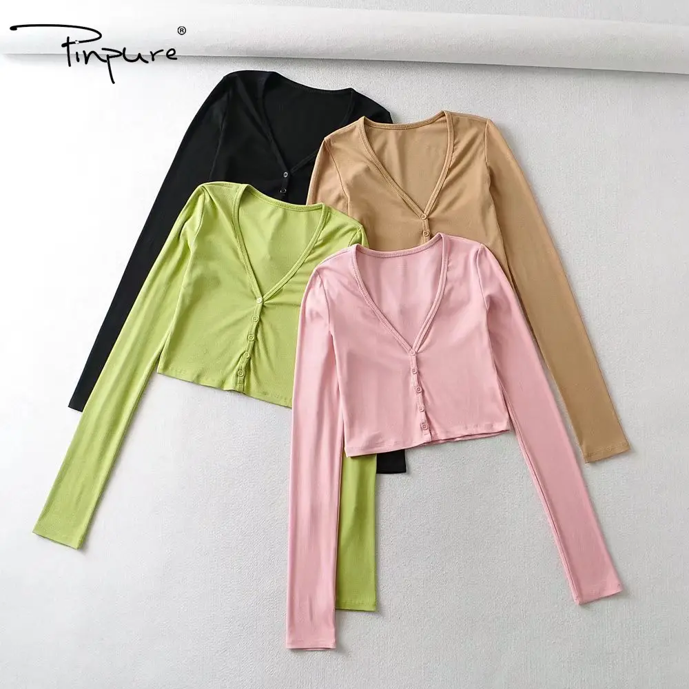 R40008S Fashion Women's Solid Color Blouses and Tops Casual Plain V-neck Cotton Blend Regular Knitted Blouses