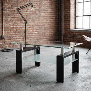 OSJ Moderner Glas-Couchtisch Wohnzimmermöbel Gehärtete Glasplatte (Klarglas + Schwarze Beine) 34,6 Zoll (88 cm) Wohnmöbel - Product Image 6