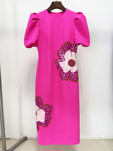In Stock di pregio lavorazioni con paillettes a <span class=keywords><strong>fiori</strong></span> manica corta o collo a vita da donna per feste abito In tinta unita <span class=keywords><strong>Midi</strong></span> da donna - Product Image 3