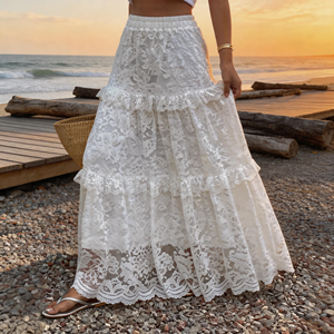 Elegante Gonna Lunga <span class=keywords><strong>Bianca</strong></span> in Pizzo con Balze a Strati e Vita Elastica per Donna, Ideale per Vacanze Estive e Feste in <span class=keywords><strong>Spiaggia</strong></span>, Personalizzabile e Disponibile all'Ingrosso - Product Image 1