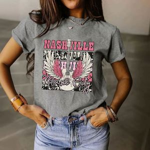 Camiseta de verano para mujer europea y americana, diseño personalizado de guitarra de Nashville Music City, cuello redondo, manga corta holgada - Product Image 3