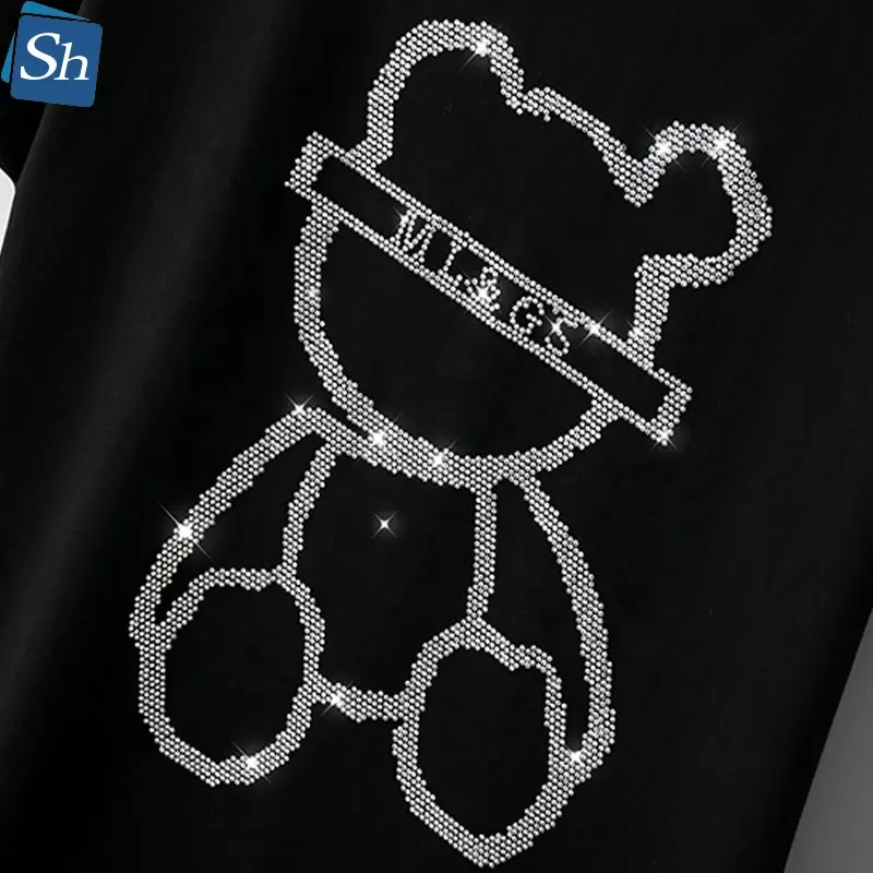 USA americano grande simpatico cartone animato orso Bling strass più popolare Hot Fix ferro su motivi di trasferimento di strass per t-shirt da donna