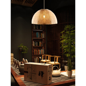 Rattan Pendant <b>Light</b> Round E27 <b>Led</b> Warm <b>Light</b> Single Head Chandelier For <b>Tea</b> Room Restaurant Bar Counter Chinese Pastoral Style - Product Image 1