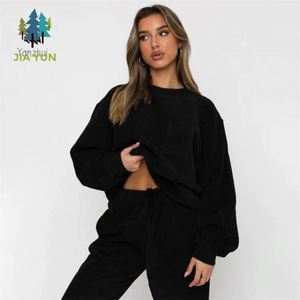 Yanzhui Hochwertiges Warmes Cord-Damen-Set Winter Einfarbiges Zweiteiler-Set Modischer O-Ausschnitt Sweatshirt Jogginganzug - Product Image 3