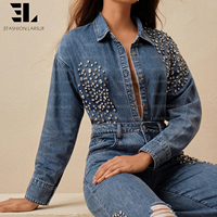 Veste en jean LARSUR sur mesure avec clous et pierres précieuses, lavage délavé, chemise en jean pour femmes
