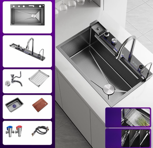 Évier de cuisine moderne à cuvette unique fait à la main en acier inoxydable 304 noir avec surface nano conception de cascade multifonctionnelle à quatre trous - Product Image 5