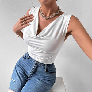 Top sin mangas para mujer, fruncido, transpirable, estilo hip hop, tipo wrap/swing, color liso blanco, de poliéster tejido, para uso casual. - Product Image 1