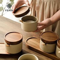 FENN Ensemble de pots à épices en céramique de style japonais rétro, distributeur d'huile en céramique artisanale, avec couvercle et plateau en bois