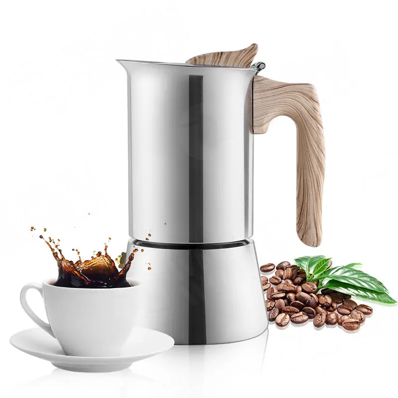 Hete Verkopende Draagbare Moka Pot Inductie Italiaanse Espresso Koffiezetapparaat 6 Kop Koffie Mokka Pot Met Zak, Kurk Coaster, Lepel