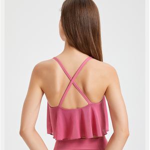 Women V <b>Neck</b> Mesh Ruffle Flowy Yoga Crop Top Thin Crisscross Back Sleeveless <b>Padded</b> Workout Tank Top Loose Fit Pilates Cami - Product Image 2