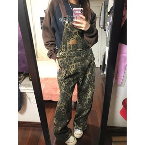 2025 américain rétro femmes Denim salopette combinaisons droite imprimé léopard haute rue ample jambe large multi-poches pantalon pour - Product Image 2