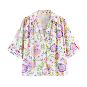 PB&ZA Donna 2026 Estate Nuova Moda Chic Camicette in <span class=keywords><strong>Lino</strong></span> Stampate Floreali Casual a Maniche Corte Dolci Camicie Femminili Chic Top - Product Image 1