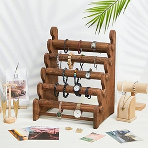 Support de rangement de bureau rustique marron à 5 niveaux pour bracelets, montres et bijoux – Présentoir en bois massif - Product Image 4
