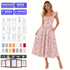 Robe midi florale rose pour femme, col carré, bretelles à volants, buste smocké, robe d'été décontractée avec poches - Product Image 1