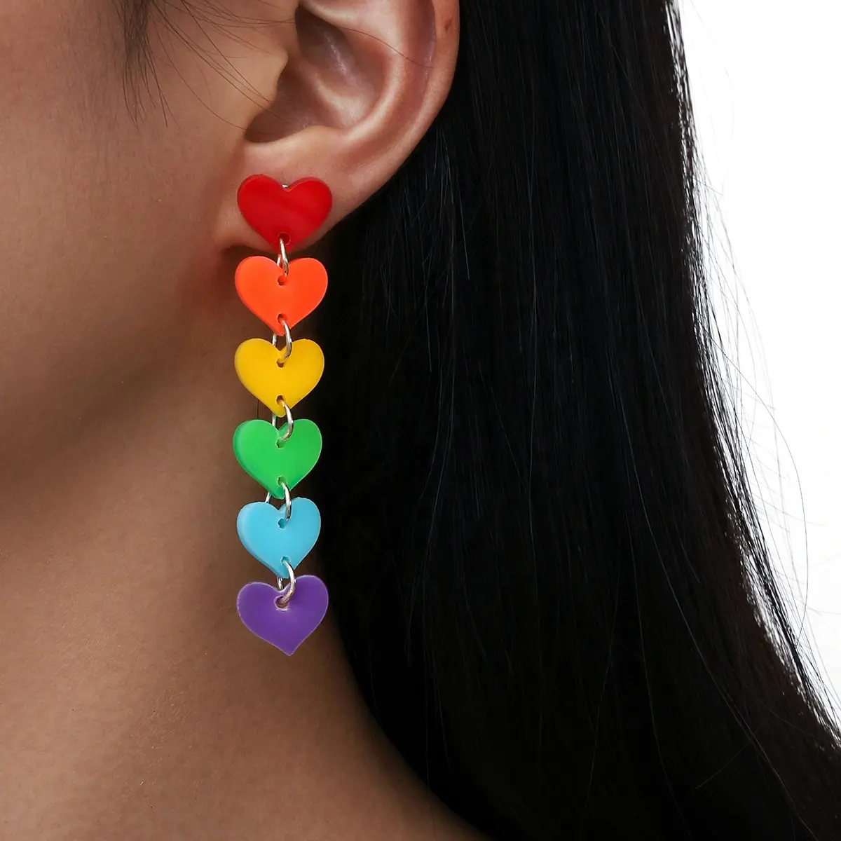 Sindlan Korean Fashion Earrings For Women Jewelry Acrylic Colorful Rainbow Tassel Love Heart Earrings